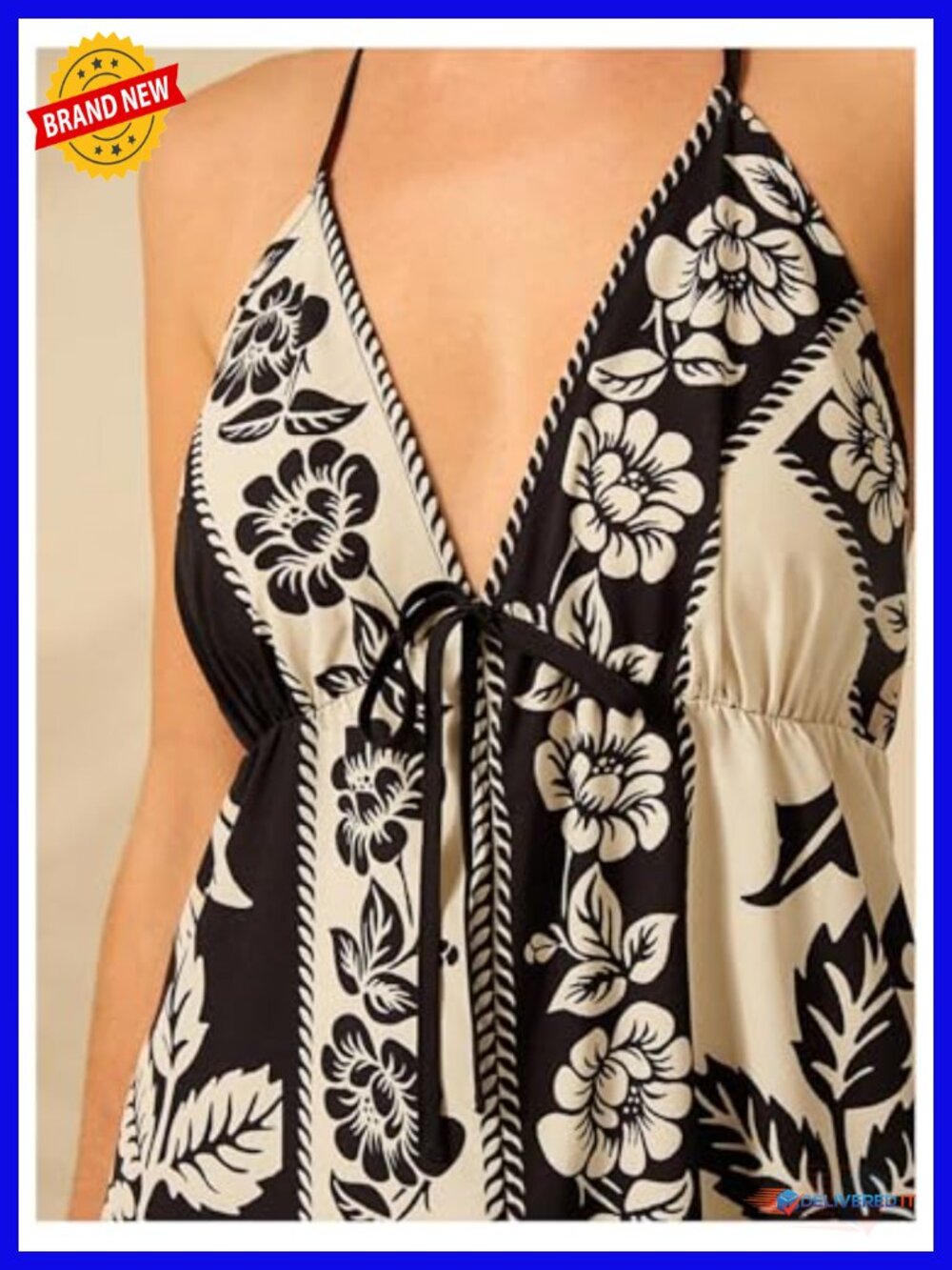Women's Floral Halter Maxi Dress Open Back Empire Waist Boho - Picture 4 of 5